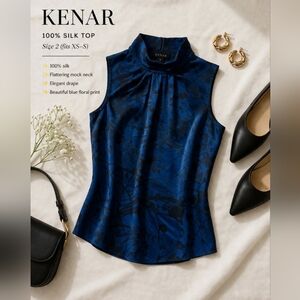 Kenar 100% silk Navy Blue Floral Mock Neck Camisole